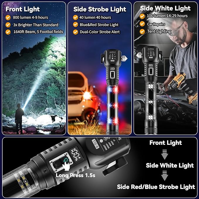 18-in-1 Solar/USB Rechargeable Car Emergency Flashlight Tool - Auto Safety Hammer Glass Breaker, Seatbelt Cutter, Flameless F