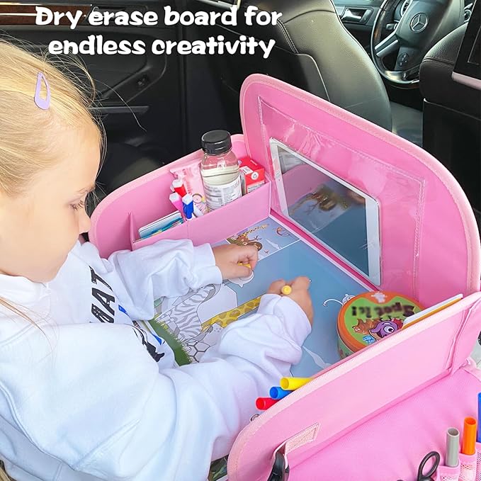 MENZOKE Kids Travel Tray for Toddler Car Seat, Road Trip Activities for Kids with iPad Holder Stand & Dry Erase Board, Road T