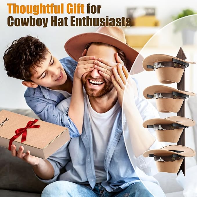 Cinati Cowboy Hat Rack, Cowboy Hat Holder Wall Mount Holds up to 4 Hats, Wooden Western Rustic Metal Cowboy Hat Hanger with A