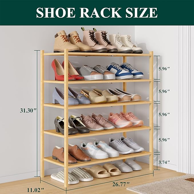 Smiry Bamboo Shoe Rack 5-Tier, Stackable Wooden Shoe Organizer for Entryway & Closet, Free Standing Wood Shoe Storage Shelf f