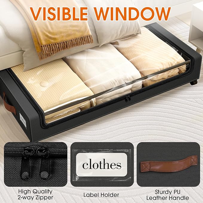 Under Bed Storage with Wheels 3Pack Storage Containers with Clear Window&Label Under Bed Drawers Rolling Under Bed Storage fo