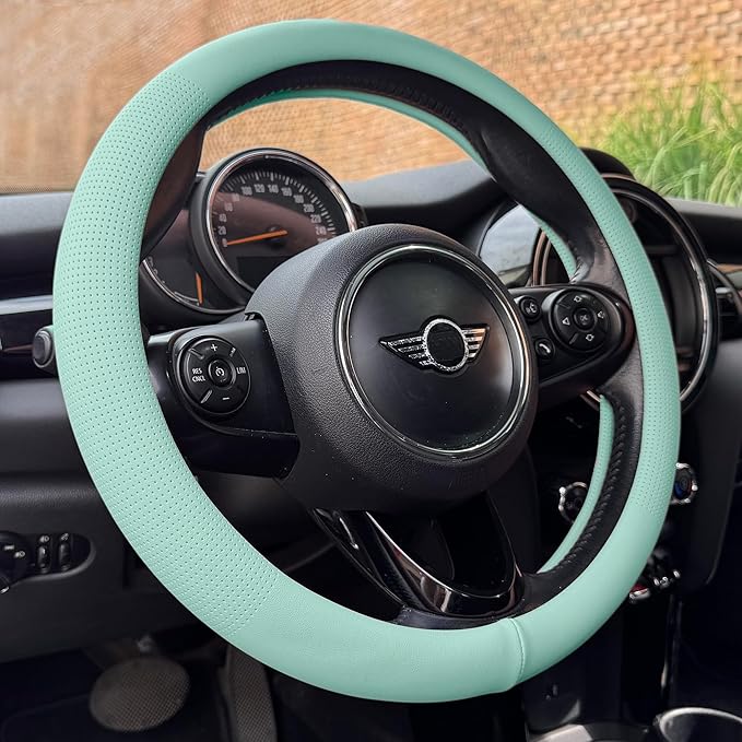 PINCTROT Large Size Nappa Leather Steering Wheel Cover, Slim Fit No Bulk Design, One Piece Leather with Breathable Perforatio
