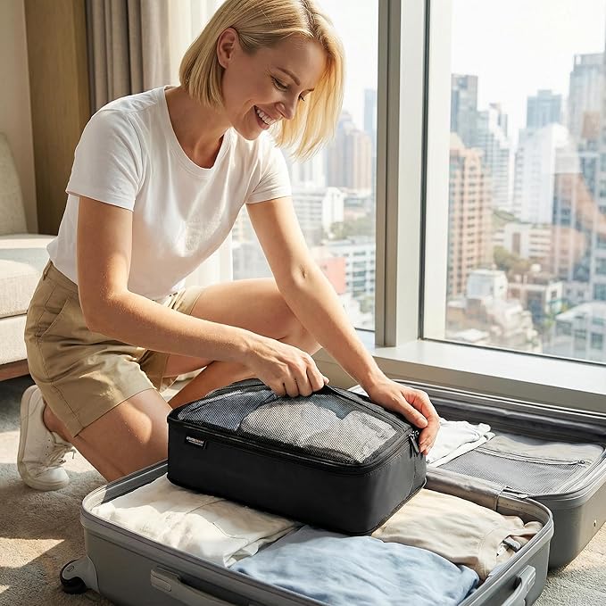 4 Piece Compression Packing Cubes for 3–7 Day Travel, Lightweight Travel Organizers with Breathable Mesh, Double-Zipper Packi