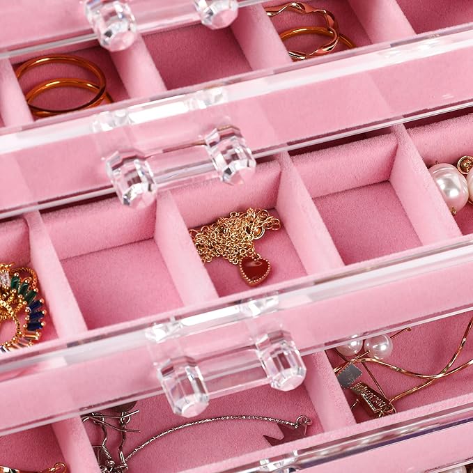 Frebeauty Acrylic Jewelry Organizer Earring Organizer Box with 5 Drawers Earring Holder Organizer with Velvet Trays Clear Jew