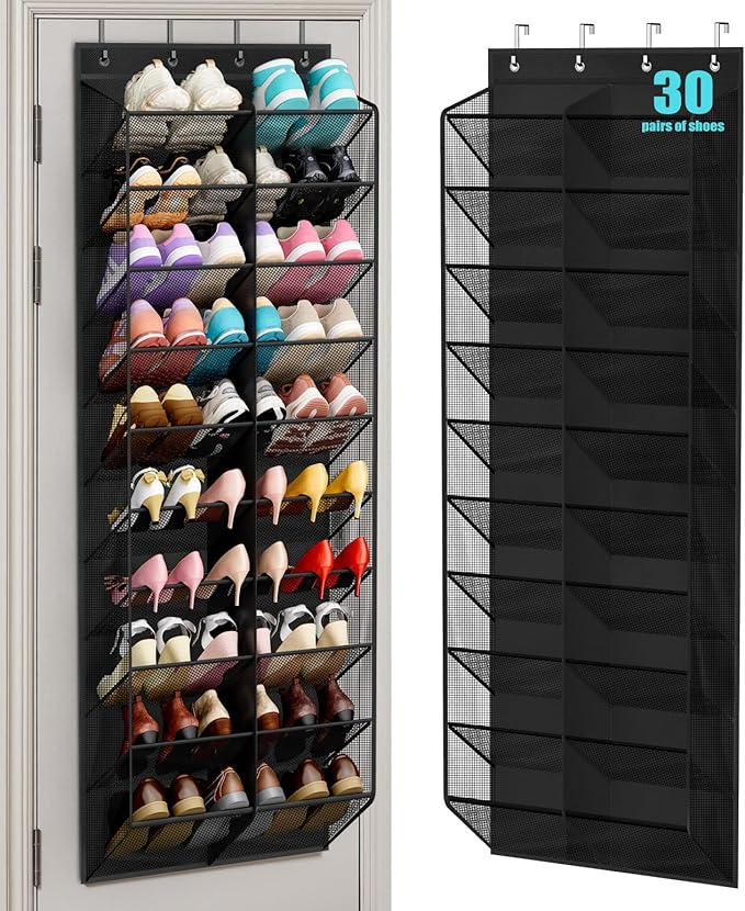MISSLO 30 Pairs Over the Door Shoe Organizer Breathable Mesh Hanging Shoe Rack for Closet Storage with Wide Deep Pockets 10 T