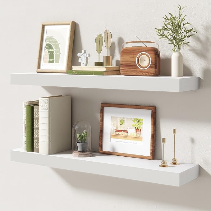 30 Inch Floating Shelves | 6.5 Inch Deep White Floating Shelves Set of 2 | 30" W x 6.5" D Rustic White Wood Wall Shelves with