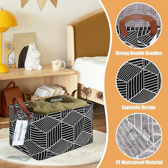 LANGYASHAN Rectangular Storage Bin Collapse Canvas Fabric Cartoon Storage Basket with Handles for Organizing Home Kitchen Boy