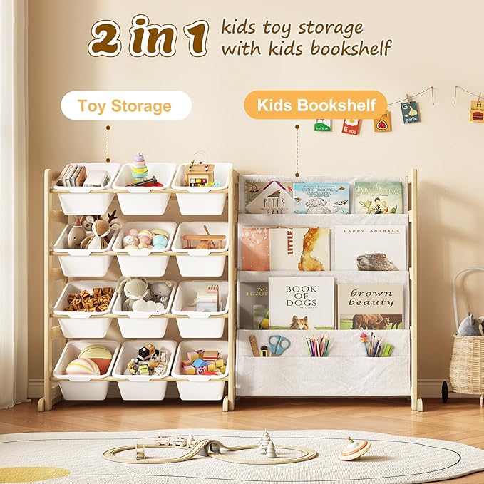 EXPERLAM Toy Storage Organizer with Bookshelf - 12 Storage Bins 4-Tier Multipurpose Shelf to Organize Toys and Books for Kids
