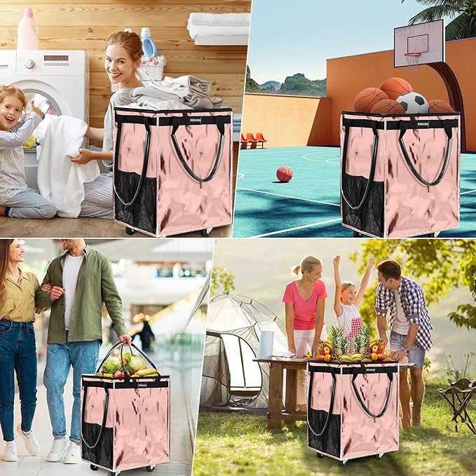 (Medium, Rose Gold) Reusable Grocery Bag on 4 Wheels, Foldable Rolling Tote Carries Up to 66lb Shopping Trolley, Rolling Bag with 3 Handles, Zipper Clouser Rolling Tote Bag with Wheels for Laundry