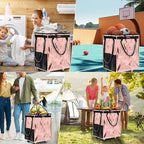 (Medium, Rose Gold) Reusable Grocery Bag on 4 Wheels, Foldable Rolling Tote Carries Up to 66lb Shopping Trolley, Rolling Bag with 3 Handles, Zipper Clouser Rolling Tote Bag with Wheels for Laundry