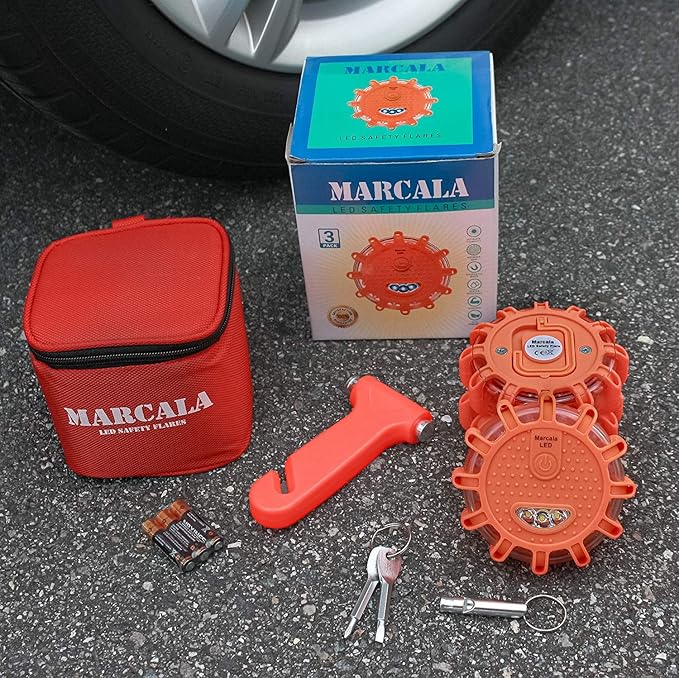 Marcala 3-Pack Emergency Lights for Vehicles | DOT Compliant Emergency Flares for Car with Batteries, Whistle & Case | LED Ro