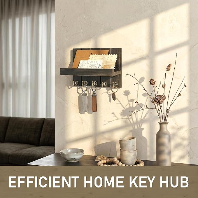 Rebee Vision Pine Wood Key Holder Wall Mount with Floating Shelf – Farmhouse Key Holder for Wall to Maximize Storage Solution