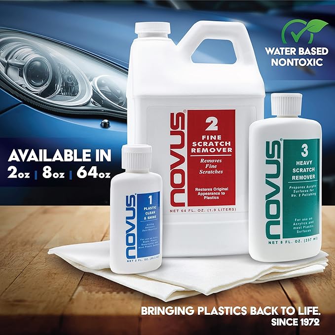 NOVUS-PK1-2 | Plastic Clean & Shine #1, Fine Scratch Remover #2, Heavy Scratch Remover #3 and Polish Mates Pack | 2 Ounce Bot