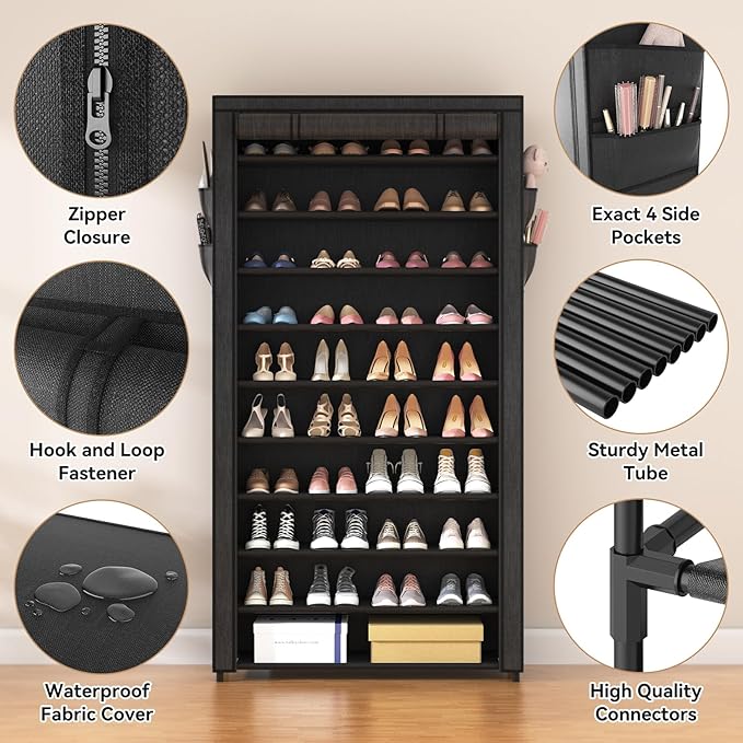 ROJASOP 10 Tier Shoe Rack with Covers,Large Capacity Stackable Tall Shoe Shelf Storage to 50-55 Pairs Shoes and Boots Sturdy 