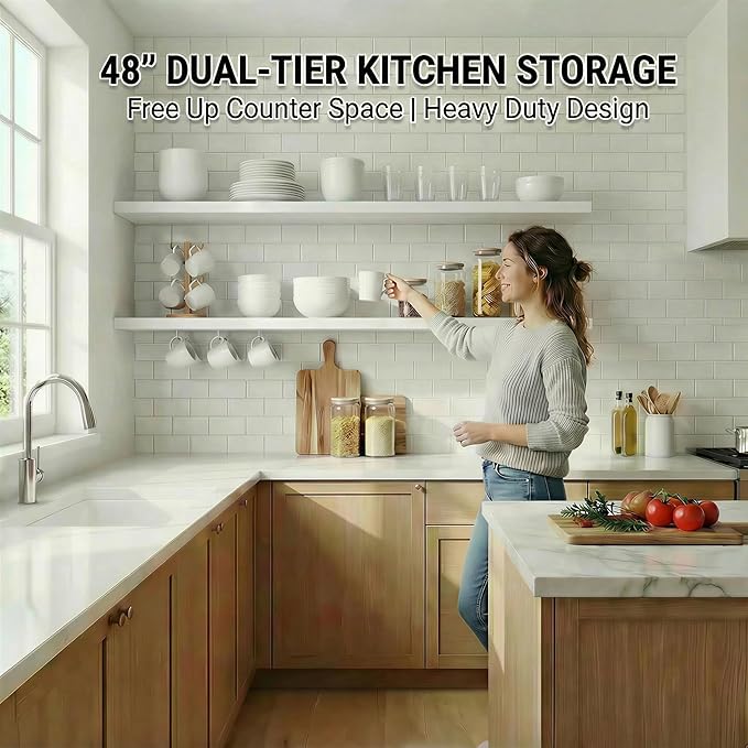 IEO Long Wooden Floating Shelves for Room Wall, Natural Wood Floating Shelves Wall Mounted Kitchen Shelf for Living Room, Bed