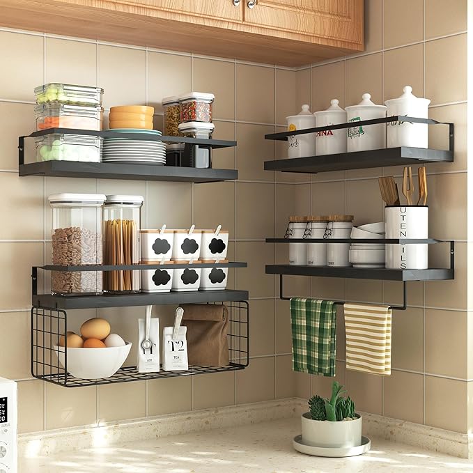 Black Wood Floating Shelves Wall Mounted - 3+1 Tier Rustic Bathroom Wall Shelves Over Toilet with Wire Storage Basket and Tow