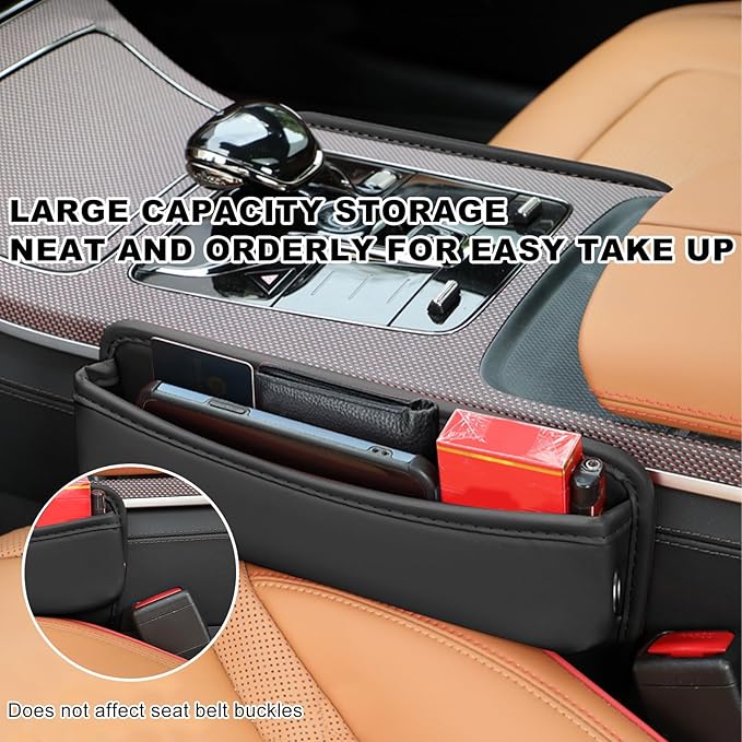 Large Capacity Car Seat Gap Filler Organizer, Leather Car Front Seat Slot Storage Box Keeps Car Tidy, Portable Car Seat Gap Filler with 2 Charge Holes for Phones Glasses Keys Cards (Black)