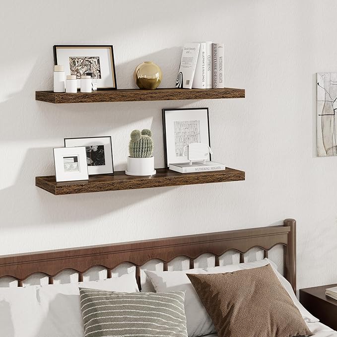 Fun Memories 12 Deep Floating Shelves, 40W x 12D Floating Shelves for Wall Set of 2, Extra Deeper Hanging Wood Shelves for Wa