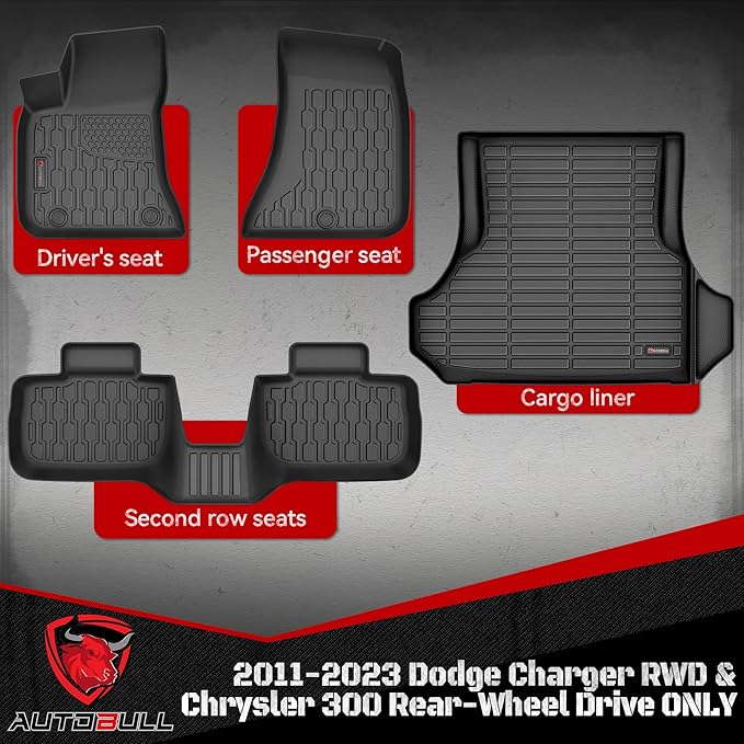 Floor Mats & Cargo Liner Compatible with 2011-2023 Dodge Charger RWD & Chrysler 300 Rear-Wheel Drive ONLY Cargo Mat, Full Set All Weather Protection 1st, 2nd Row Car liners & Trunk Mat, Black