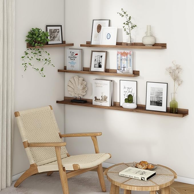 Axeman Picture Ledge Shelf | 55 Inch Walnut Floating Shelves Set of 3 | Rustic Wood Wall Shelves with Lip | 55" Walnut Pictur