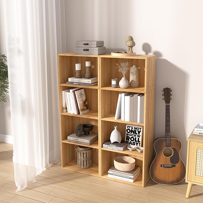 Wooden 4 Cube Storage Organizer, 4 Tier Tall Modern Bookshelf Freestanding Storage Display Organizer, Versatile Cubes Shelf a