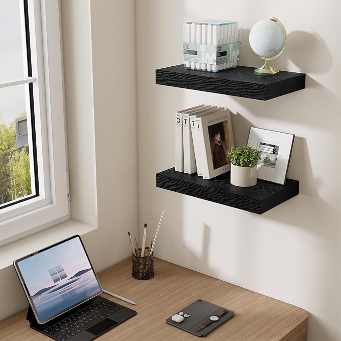 Dreamland 16 Inch Long Floating Shelves in Black,6.7 Inch Deep Floating Shelf for Wall,Large Display & Storage Shelf, Wall Sh