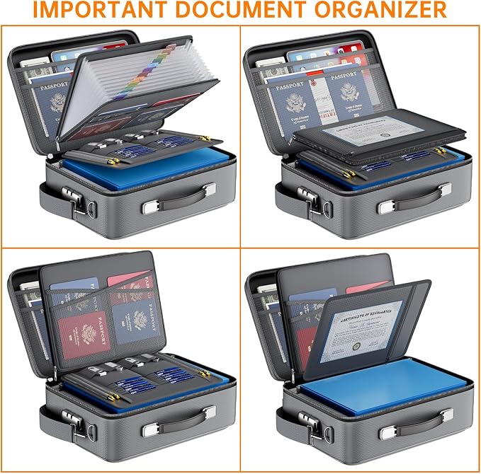 DocSafe Fireproof Document Box with Lock＆Shoulder Strap,Hard Case File Organizer with Accordion File Folder,Multi-Layer Porta