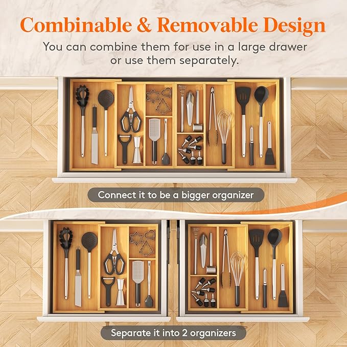 Lifewit Silverware and Cooking Utensil Drawer Organizer Set – Expandable Adjustable Bamboo Storage for Cutlery, Flatware, Spo