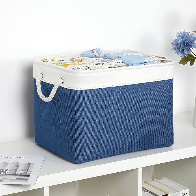 Bidtakay Large Storage Baskets for Shelves 3 Pack Fabric Storage Bins for Organizing Navy Blue Decorative Baskets Linen Colla
