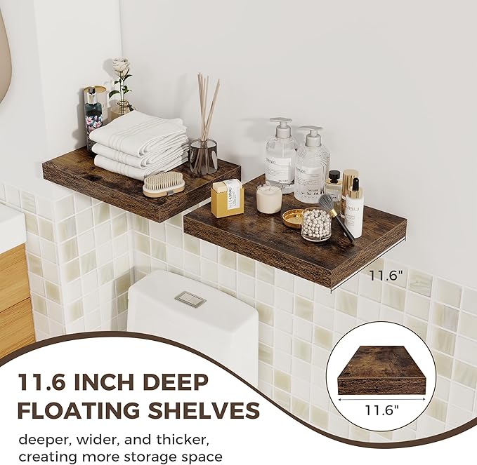 Fun Memories 12 Inch Deep Floating Shelves, 16 x 12 Wooden Wall Shelves, Extra Deeper & Thicker Rustic Wall Mounted Storage S