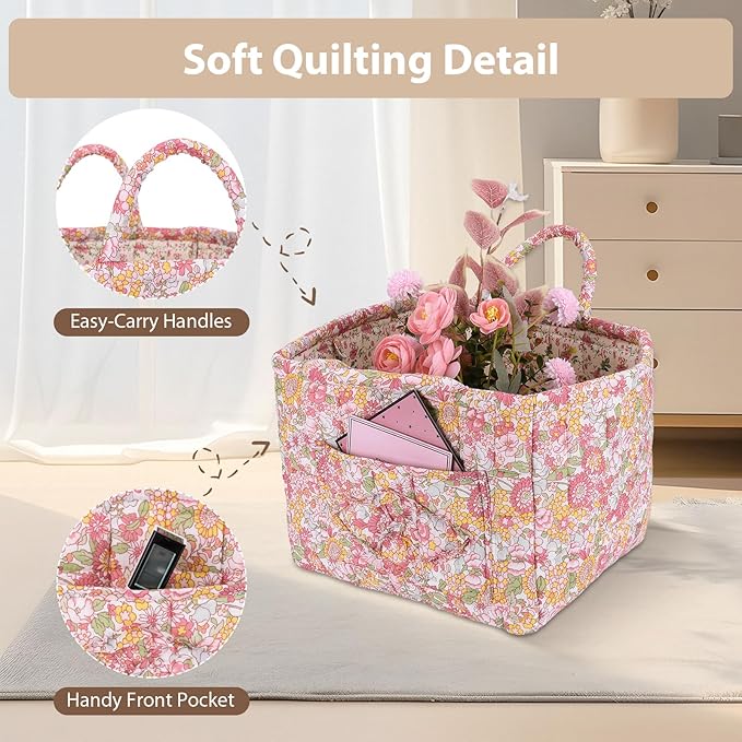 Storage Basket Boho Fabric Large Collapsible Floral Laundry Nursery Hamper Portable Folding Storage for Clothes Toys (Yellow)