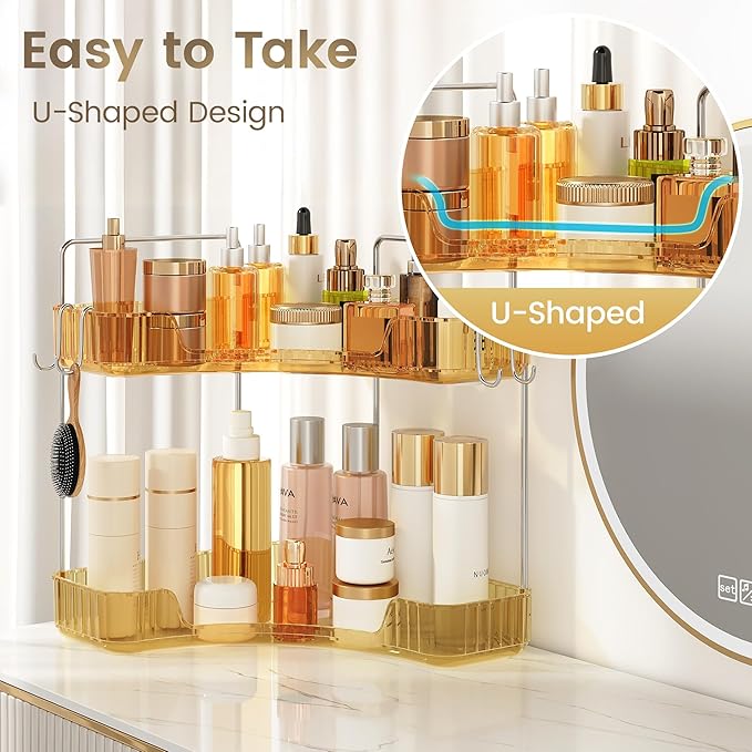 Golden Corner Counter Organizer, 2 - Tier Bathroom & Kitchen Storage Tray with Hooks | PET Vanity Organizer for Skincare, Mak