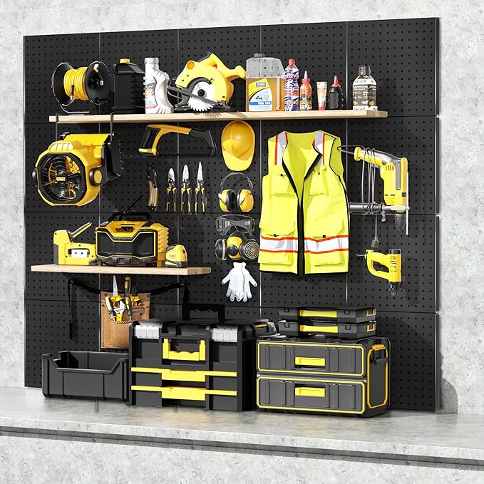 Peg Board, 6PCS Metal Pegboard, Heavy Duty Pegboard Wall Organizer with Frame. Black Pegboard for Walls, Garage, Workbench, C