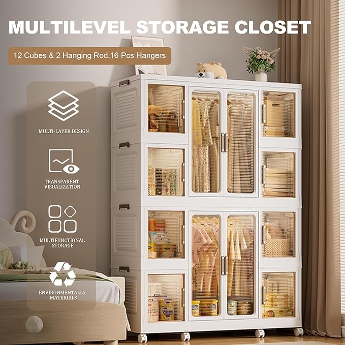 Leavader Portable Wardrobe Closet, Large Collapsible Plastic Wardrobe with Wheels, Foldable Clothes Storage Cabinet with 8 Sh