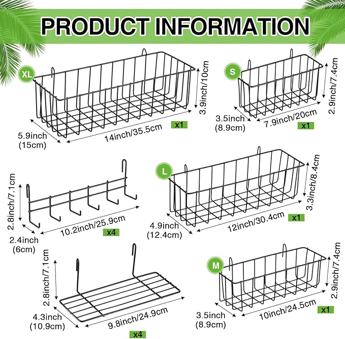 Yaocom 12 Pcs Wall Grid Hanging Basket Shelf Hooks Set bulk Grid Wall Accessories Includes 4 Basket 4 Wire Straight Shelf and