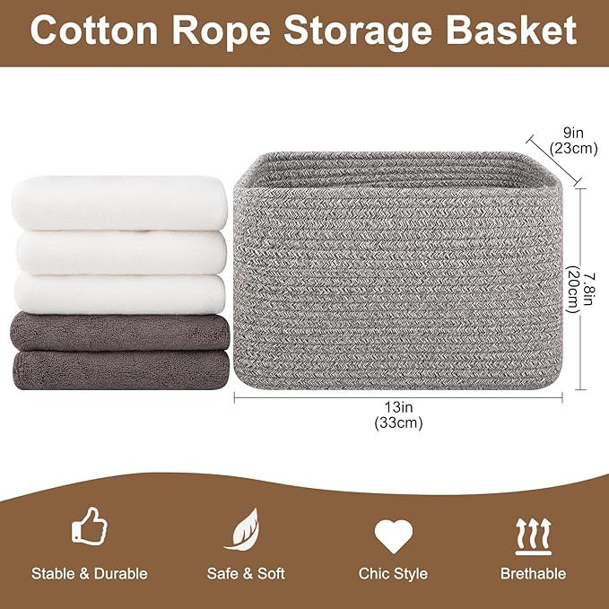 OIASKET Storage Baskets for Organizing, Woven Decorative Baskets for Shelves - Books, Towels, and Clothes, Cotton Rope Toy St