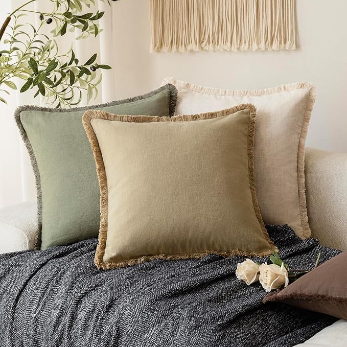 Foindtower Set of 2 Decorative Linen Fringe Lumbar Throw Pillow Covers Farmhouse Cushion Cover with Tassels Accent Pillowcase
