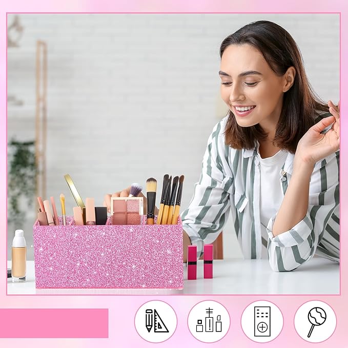 Jetec Acrylic Glitter Pen Holder 4 Compartments Bling Makeup Brush Stationery Organizer Pencil Holder for Desk Accessories Sp