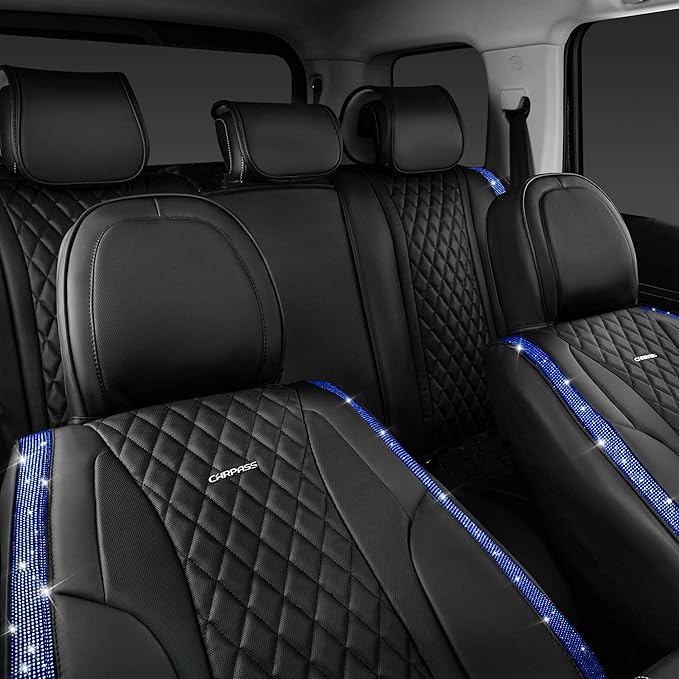 CAR PASS Nappa Leather seat Covers Bling Diamond Car Seat Covers Full Set Universal Cushioned, Waterproof Heavy-Duty Anti-Sli