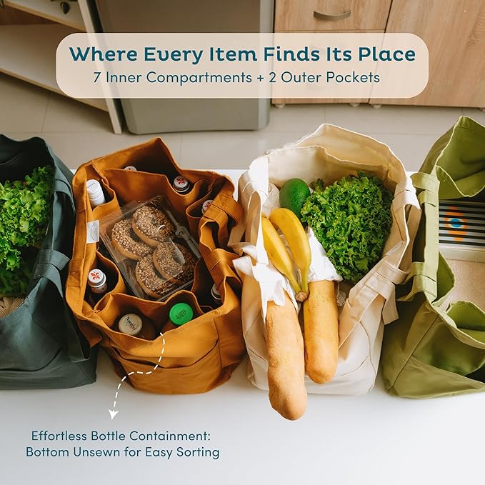 Nook Theory 3-Pack Reusable Grocery Bags - Heavy Duty, Large 12 Oz Cotton Canvas Reusable Shopping Bags With Pockets, 100% Cotton Cloth Grocery Totes, Foldable Multi Compartment (Ocean)
