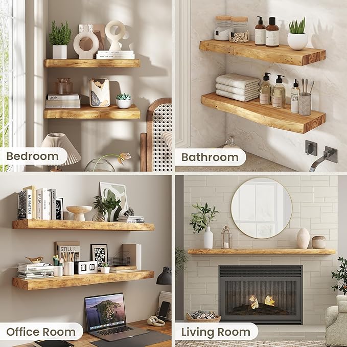 Fun Memories Floating Shelves for Wall Decor Set of 2-36 Inch Solid Elm Wood Live Edge - Rustic Natural Wall Shelves with Inv