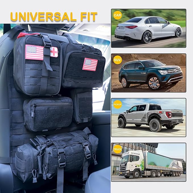 Universal Tactical Car Seat Back Organizer Bag Tactical Molle Vehicle Organizers Panel Vehicle Protector Organizers with 5 Detachable Pouches for Car (Upgraded D Black)