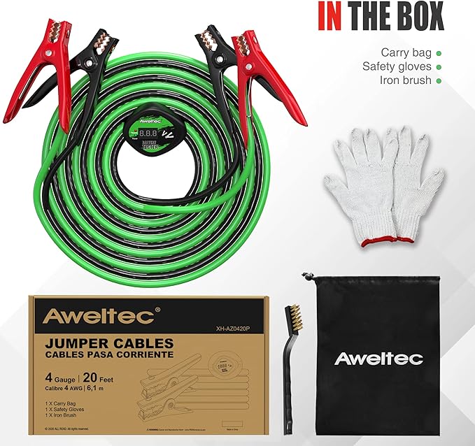 Heavy Duty Jumper Cables,4 Gauge 20 Feet Battery Booster Cable,Automotive Wire for Cars Trucks with Smart Safety Protector,Carry Bag,Safety Gloves and Iron Brush