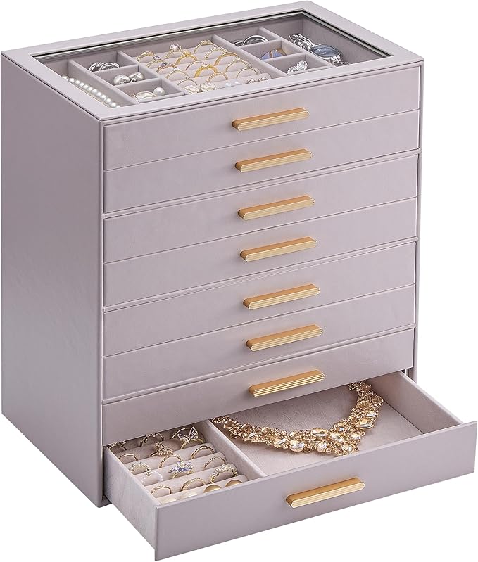 Lolalet Jewelry Box Organizer, 8-Layer Jewelry Organizers and Storage Case with Glass Lid, Ring Earring Bracelet Necklace Hol