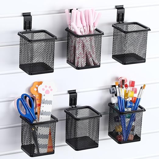 Colingmill 6 Set Slatwall Cups with Hook Black Metal Slatwall Organizer Accessories Slat Wall Basket Bin Pencil Mesh Wire Hol