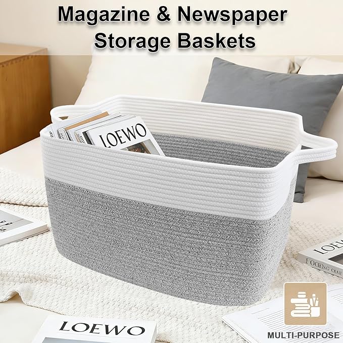 65L Large Blanket Basket,21"x16"x12" Rectangle Storage Bin with Handles,Woven Rope Laundry Basket for Toys, Clothes,Pillows,M