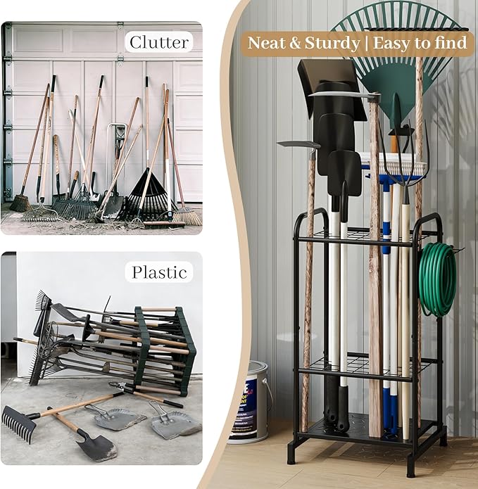Garden Tool Organizer, Garage Tool Storage Rack, Heavy Duty Metal with Side Pegboard & Adjustable Hooks, Utility Racks for Sh