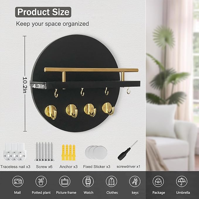dreampossible Key Holder Wall Mount - 10.2 Inch Decorative Key Rack and Mail Organizer with 8 Key Hooks - Wooden Key Hanger w