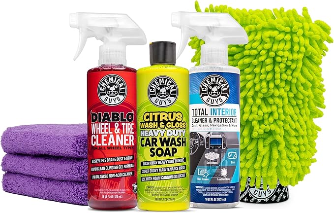 Chemical Guys Car Cleaning Kit - With Car Wash Soap, Wheel Cleaner, Total Interior, Car Wash Mitt - Interior and Exterior Was