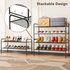 2 Tier Shoe Rack, Shoe Organizer Sturdy Metal for Entryway, Garage, Shoe Shelf Stand for Small Space, Stackable, Black